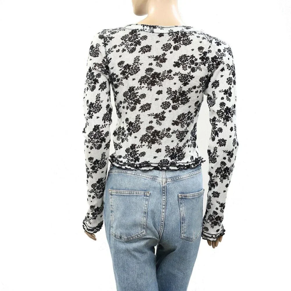 Free People Garner Long Sleeve Tee Blouse Top Cotton Printed Ruffle S New